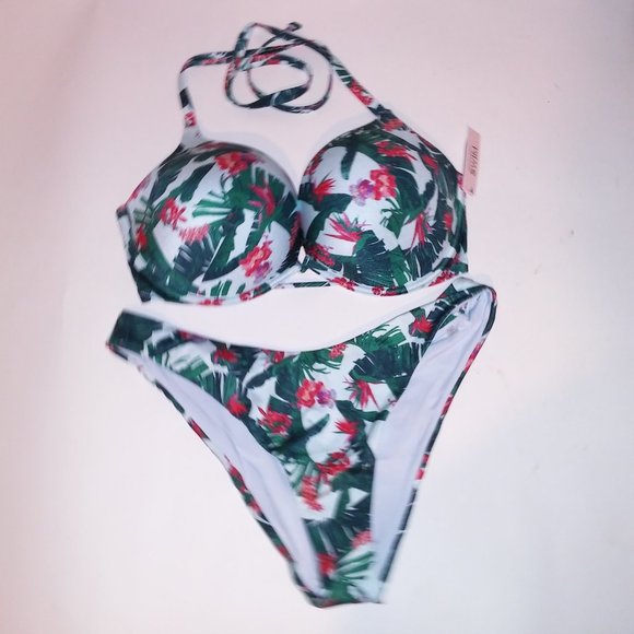Victoria Secret Swim Bikini 38D Top XL Bottom Blue Green Leaves Bombshell Push U - Picture 2 of 10